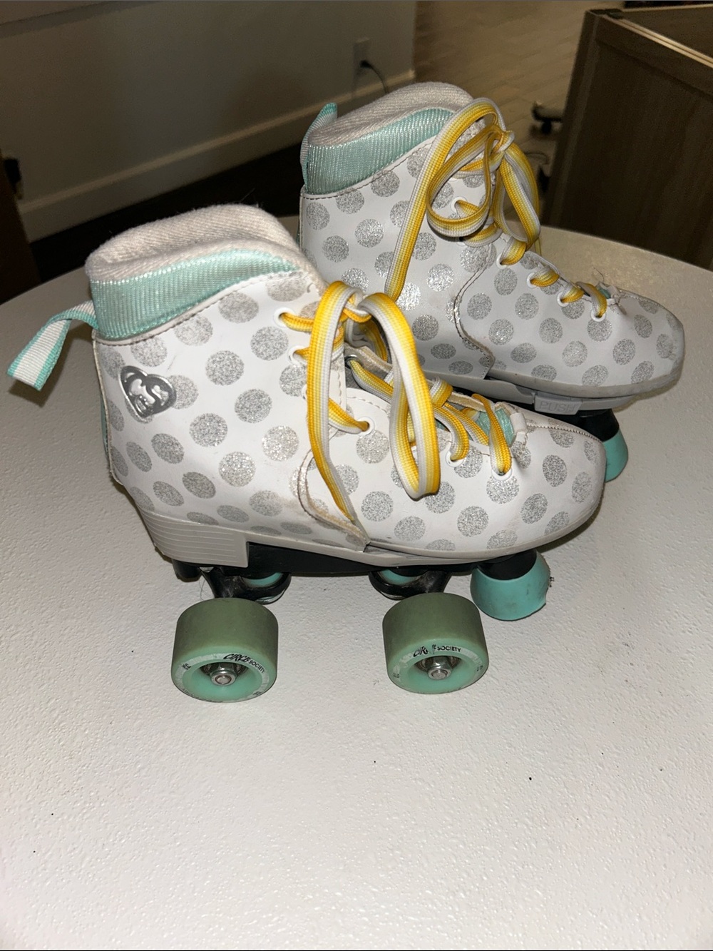 White Polka Dot Roller Skates with Mint Accents